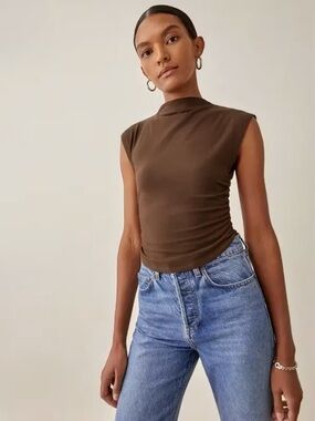 Reformation Lindy Mock-Neck Sleeveless Tank Top in Brown